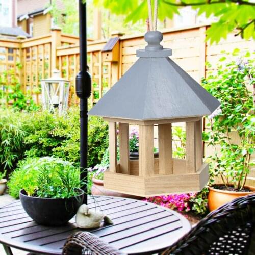 Hanging Wild Bird Wooden Bird Feeder Garden Yard Decoration Hexagon Shaped With Roof Wild Bird Feed Dispenser Bird Container