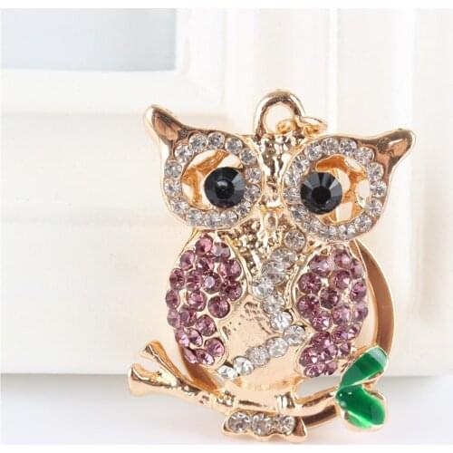 Pink Owl Bird Crystal Charm Purse Handbag Car Key Ring Chain Party Wedding Birthday Creative Gift