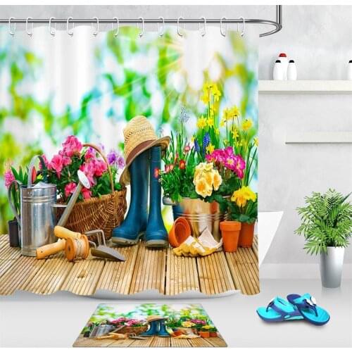 Spring Garden Shower Curtain Gardening Tools Printing Pattern Modern Natural Plant Flower Polyester Bathroom Curtains Floor Mat
