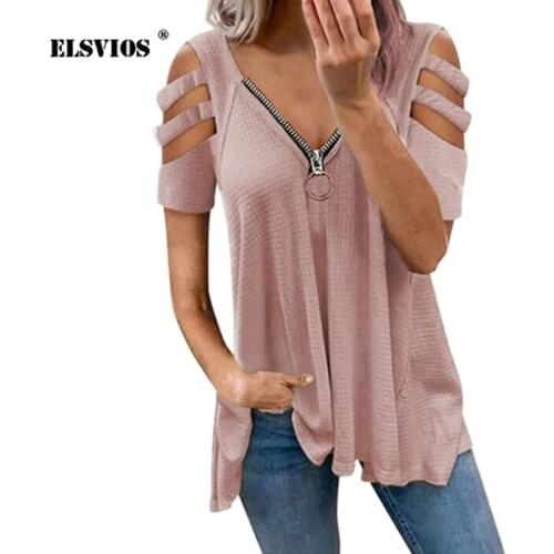 Zipper V-Neck Strapless Short Sleeve Pure Color Hollow Loose T-Shirt Tops Women Summer Casual Sexy Pleated Pendulum Pullover Tee
