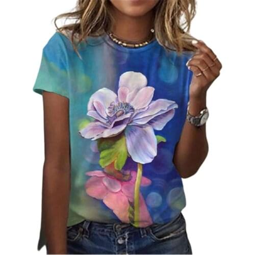 Women Short Sleeve 3D Flower Print T Shirt Summer O-Neck Casual Loose Tops Plus Size 3XL Tee 2021 New Fashion Ladies Streetwear