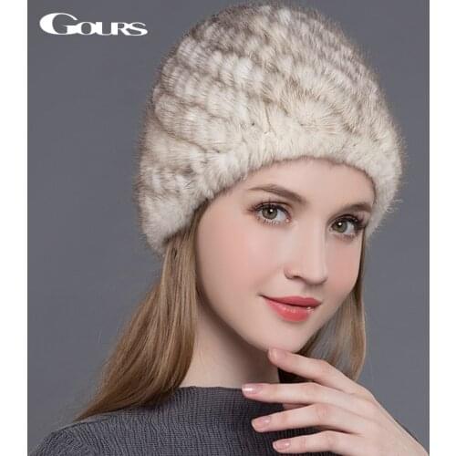 Gours Real Mink Fur Hats for Women High Quality Pineapple Cap Thick Warm In Winter Russian Fashion Knitted Beanies New Arrival