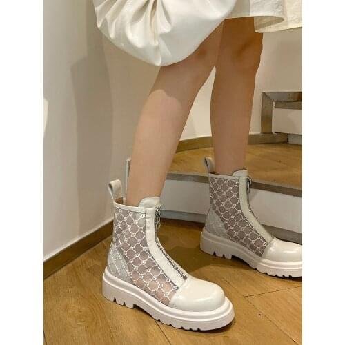 EshtonShero Ladies Ankle Boots Chunky Med Heel Round Toe Zipper Shoes Mesh Genuine Leather Fashion Women Summer Boots