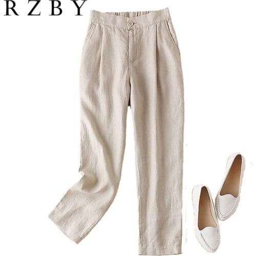 Women Spring Korea Solid Pants All-matched Casual Fashion Cotton Linen Mujer Pantalones Elastic Waist Ankle-length Pants RZBY263