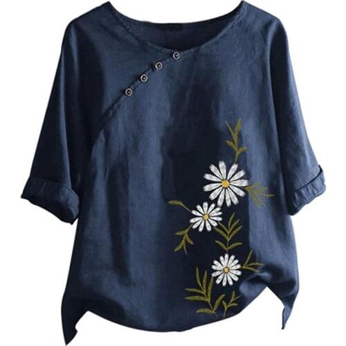 Women Boho Long Sleeve Pullover Shirt Top O-Neck Floral Print Shirt Short Sleeve Button Lady Shirt for Daily Streetwear