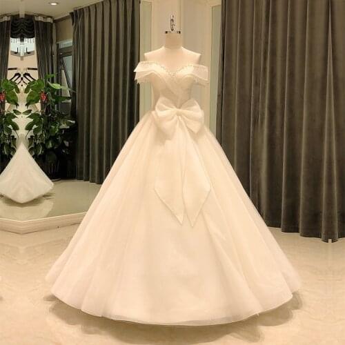 SL-6824 wedding dress 2021 elegant off shoulder short sleeve crystal bridal bow wedding gowns for bride dress woman