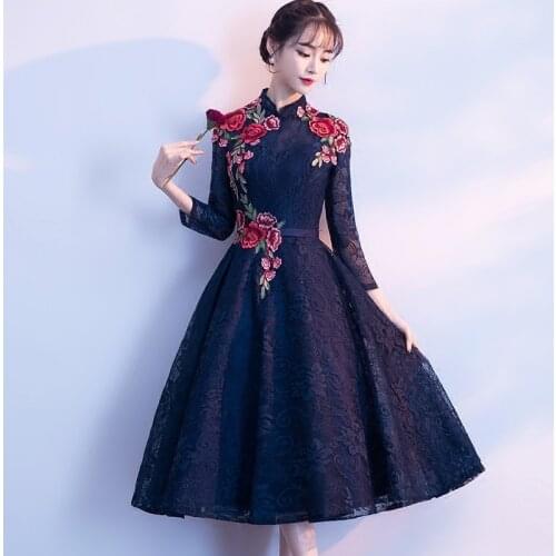 Blue Elegant Lace Evening Dress Embroidery Floral Party Dress Temperament Cheongsam Slim Celebrity Banquet Dress Robe De Soiree
