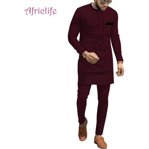 Dashiki Clothes For Men No Cap Shirt Pants Set Tops Trouser Suit Solid Traditional African Agbada Clothing Custom Size WYN1714