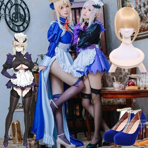FGO Fate Grand Order Arturia Pendragon Lancer Alter Maid Apron Dress Uniform Outfit Anime Cosplay Costumes Halloween wig shoes