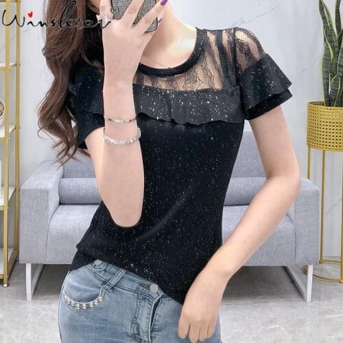 Summer Korean Clothes Cotton Ruffles T-Shirt Chic Sexy O-Neck Patchwork Lace Shiny Women Tops Short Sleeve Casual Tees T13401A