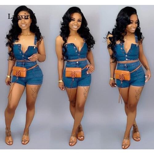 Sexy Women 2 Two Piece Set Summer Denim Set Sleeveless Jeans Crop Top + Shorts Suit Blue Denim Matching Set Outfit