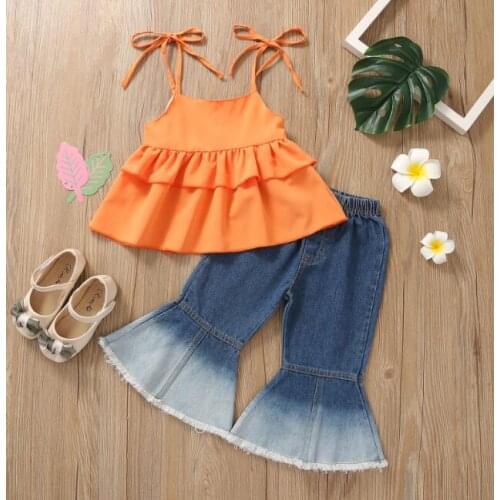 Girls Clothes Set, Sleeveless Crew Neck Ruffle Hem Sling Tops + Gradient Color Flared Jeans