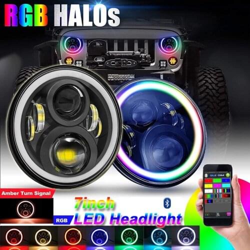 RGB 7 Inch Halo LED Headlights DRL Lights Combo Kit Bluetooth Remote Control for Jeep Wrangler JK TJ LJ Hummer H1 H2
