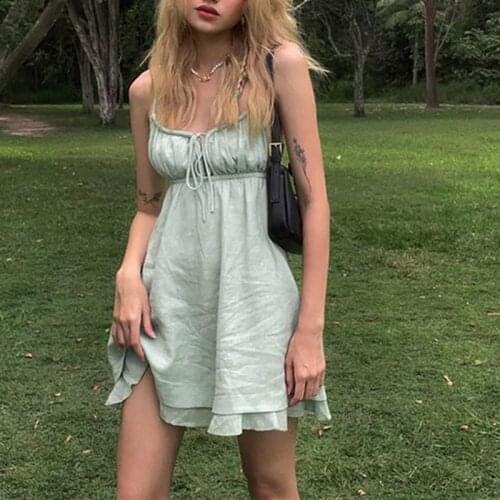 Summer New Women Sexy V Neck Backless High Waist A-Line Dress Female Casual Mini Dresses Green Beach Vacation Party Cottagecore