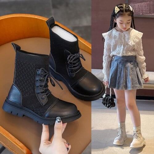 Girls Single Boots 2021 Autumn New Children Breathable Fashion Casual Girls Flying Woven Kids Leather Boots Fashion Hot Chic