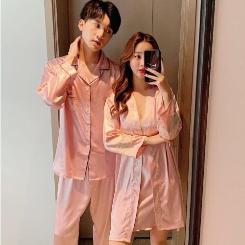 Autumn Spring Mens Ice Silk Pajamas Wedding Long Sleeve Home Clothing Plus Size Youth Pigiama Uomo Couples Lovers Home Suit