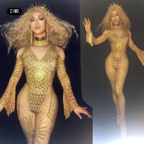 Luxury Crystals female singer costume Prom sexy Jumpsuit gold Bodysuit Party rhinestones Outfit dancer nightclub Stag bar show