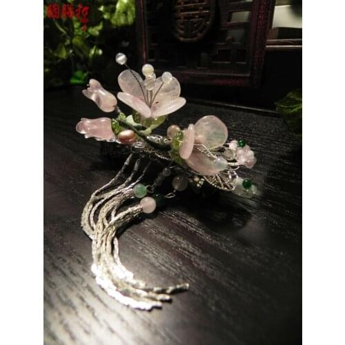 Pink crystal peach blossom A quality crystal spring clip classical hairpin hosta flowers handmade hair accessory hair jewelry