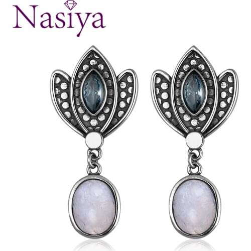 Nasiya Crown Shape Earrings With Moonstone And Blue Zircon For Women Gemstones 925 Silver Jewelry Gifts Wholesale Dropshipping