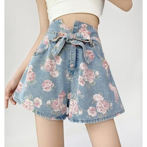 Printed Denim Wide-leg Shorts Women Loose Large Size Summer High Waist Slimming Lace A-line Hot Pants Women Jeans