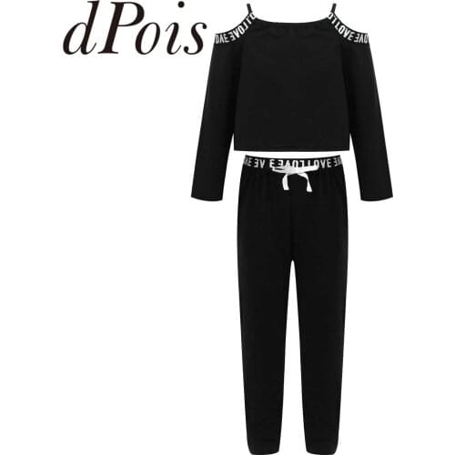 2Pcs Kids Girls Sportswear Letter Printed Drawstring Shoulder Straps Long Sleeve Crop Top Pants Trousers Child Sports Outfits