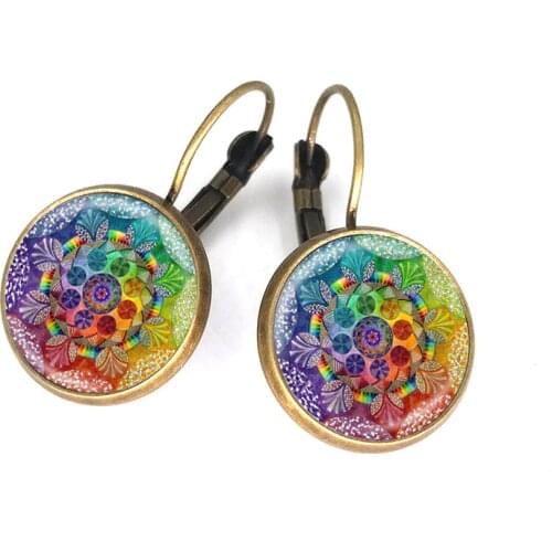 16 mm glass cabochon earrings mandala lotus earrings om symbol buddhism zen 1 pairs/lot henna yoga earring jewelry for women