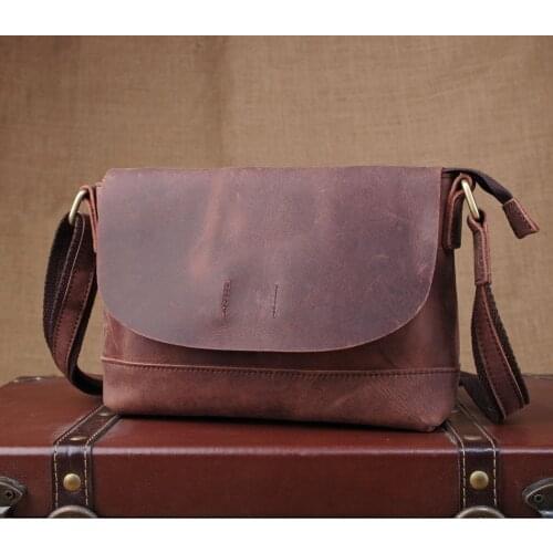 Vintage Crazy horse Leather Men Shoulder Bag Genuine Leather Messenger Bags men crossbody bag Small Leisure bag Brown