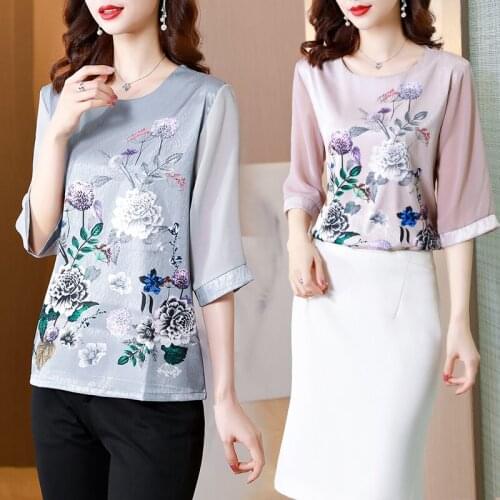 Summer Vintage Floral Print Casual T-shirt Women Half Sleeve Patchwork Round Neck Slim Elegant Top Female Loose Tee Clothes