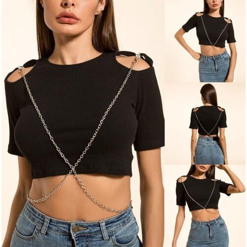 Womens Fashion Solid Color Hollow Sexy Hollow Chain Navel Slim Short T-Shirt Tops Black