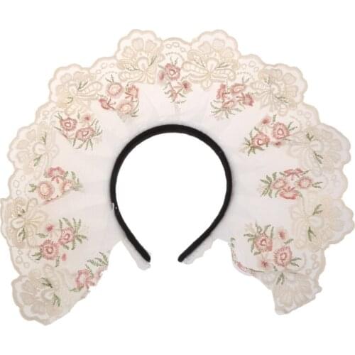 Women Mesh Lace Hair Hoop Embroidery Floral Headband Handmade Lolita Cosplay Props Maid Anime Headdress Accessories