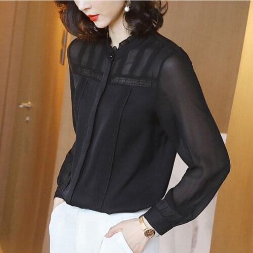 Women Spring Summer Style Chiffon Blouses Shirts Lady Casual Long Sleeve Transparent Patchwork Blusas Tops ZZ0195