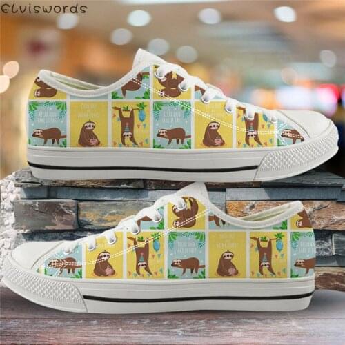 ELVISWORDS Cartoon Lazy Sloth Print Low Top Flats Fashion Ladies Canvas Spring Vulcanized Shoes Casual Women Comfortable Zapatos