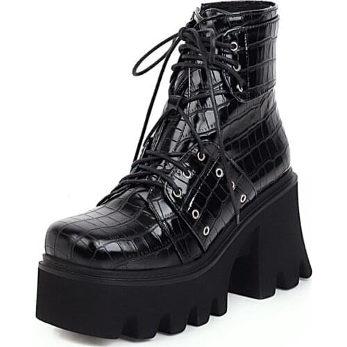 Stone Pattern Thick Bottom Ultra-High Waterproof Platform Hollow Thick Heel Mid-Calf Boots Lace-Up Ultra High Heel Womens Boots