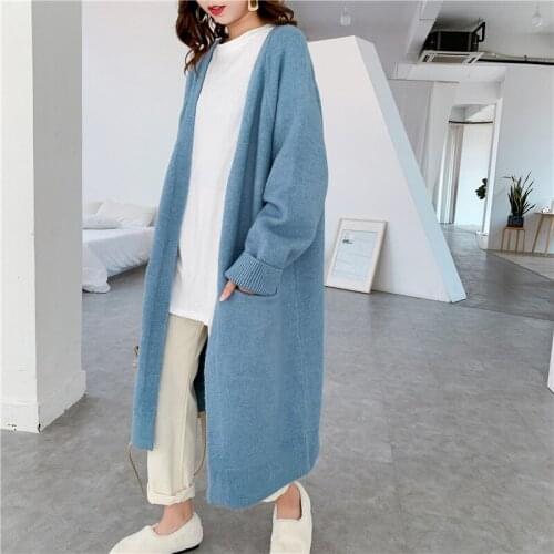 [ZAYAU]Cashmere Cardigan womens Middle Long Autumn Winter V-neck Casual Lazy Wind With Thick Knitted Sweater Coat
