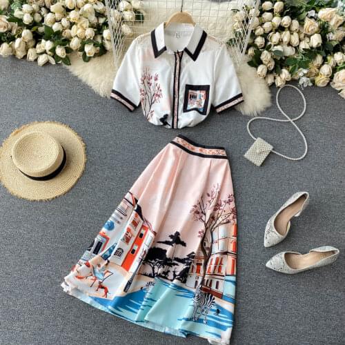 2021 New Spring Chic Womens Lapel Short Sleeve Vintage Print Elegant Shirt Tops + Retro Printed High Waist Skirt Two Piece Sets