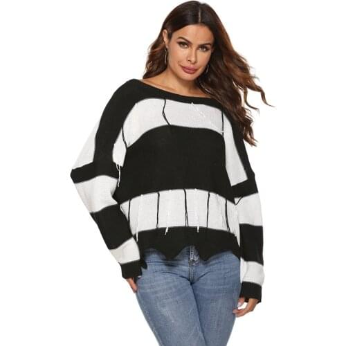 Womens Autumn and Winter Sweater Sexy Backless Black and White Striped Stitching Tassel Sweater