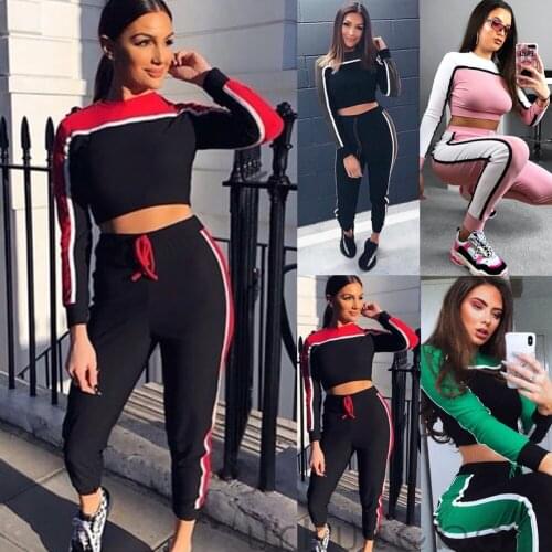 Ladies Women Autumn Sport Suit Clothes Gym Yoga Running Fitness Striped Patchwork Pant Jumpsuit Outfit