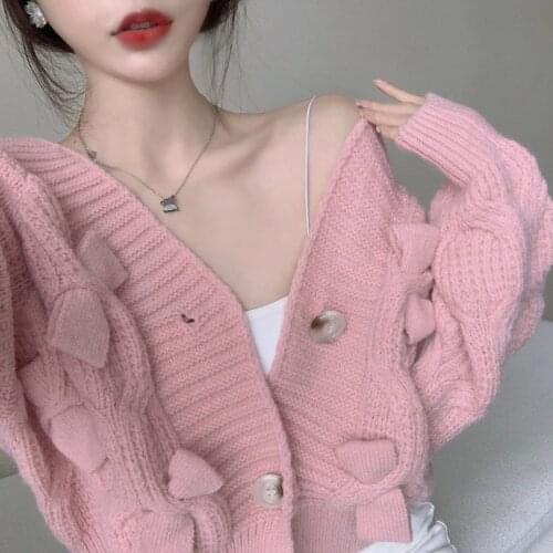 ZAWFL 2021 Women Fashion Solid Diamond Bow Buttons Leisure Knitting Sweater Femme Chic Lantern Sleeve Casual Cardigan Tops