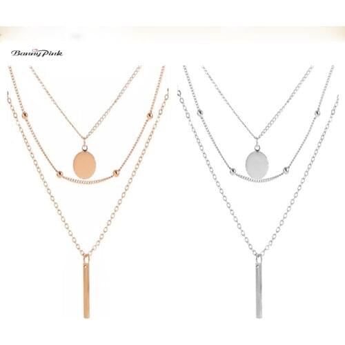 Banny Pink 3 PC/SET Metal Gold Color Chain Choker Necklace For Women Simple Bar Round Disc Layer Dangle Choker Collar Colliers