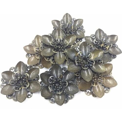 10Pcs Bronze Tone Scrapbook Embellishments Connectors Wraps Filigree Plat Back Flower Hollow Jewelry DIY Findings 45mm