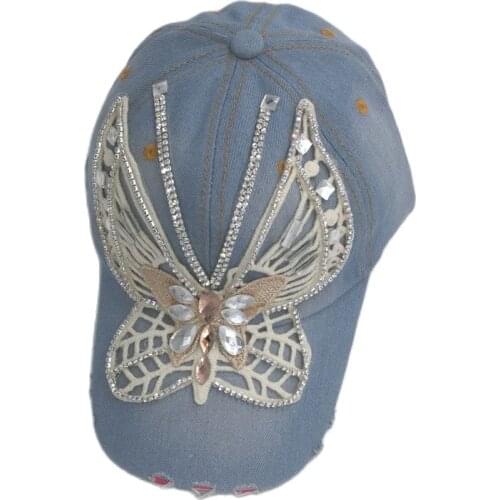 2021N4201 WLH18 Fashion young lady cap BUTTERFLY bling Rhinestone COTTON denim baseball caps hot sell