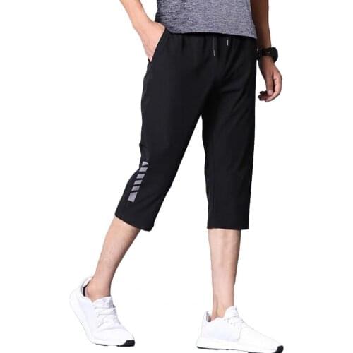 75% Hot Sales!!!3/4 Capri Pants Solid Color Stretchy Men Drawstring Pockets Cropped Trousers for Sports