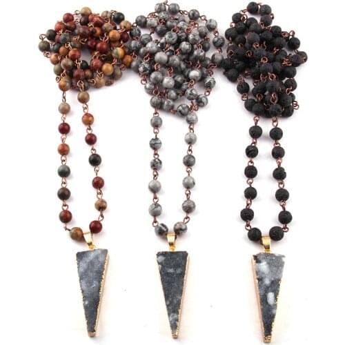 Free Shipping Fashion Bohemian Tribal Jewelry 6mm Semi Precious Rosary Chain Natural Druzy Arrowhead Pendant Ethnic Necklace
