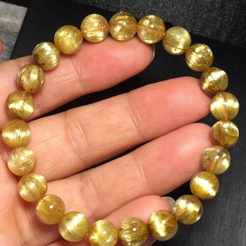 Certificate Natural Gold Rutilated Quartz Crystal 8mm Woman Man Titanium Wealthy Round Beads Bracelet Jewelry Bangle AAAA
