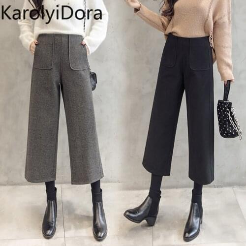 2019 winter fashion high waist womens wool wide leg pants thick warm loose loose wool pants casual harem pants office ladies