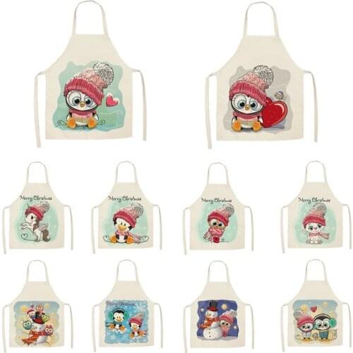 Cotton Linen Cartoon Christmas Theme Animals Print Kitchen Aprons Unisex Dinner Party Cooking Bib Funny Pinafore Cleaning Apron