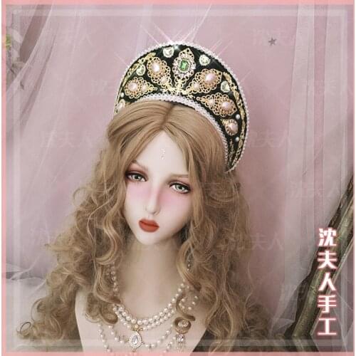 Lolita hand-made lolita Virgin hair crown Tudor crown headband crown retro Cosplay Gothic Lolita Pearl Chain Court Retro Crown