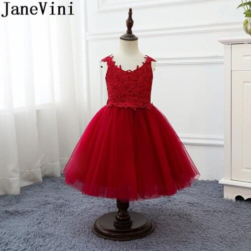 JaneVini Pretty Burgundy Kids Flower Girl Dress for Girls Lace Appliques Big Bow Tulle Tea-length Children Party Formal Gowns
