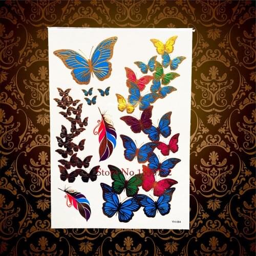 Hot New Design Gold Butterfly Flash Metallic Temporary Tattoo Sticker HYH84 Purple Red Color Butterfly Fake Metallic Sexy Tattoo