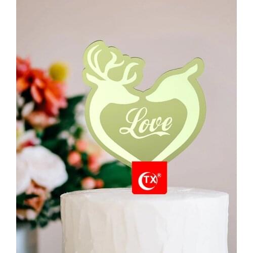 Love Acrylic Valentines Day Cake Toppers Laser Engraving Golden Deer Proposal Cake Toppers for Wedding Cake Decoration Supplies